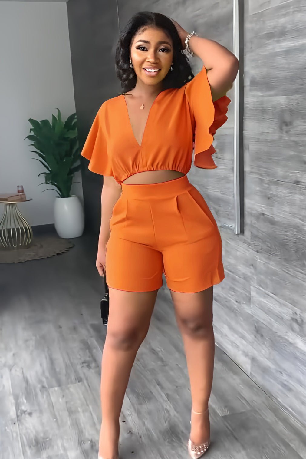 Trendy summer two-piece set with pleated design – Marlene-Orange-S-The Livary