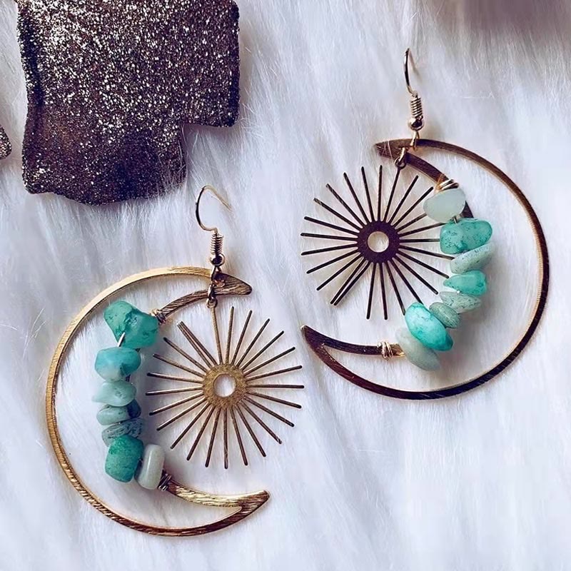 Natural Crystal Moon Stars Earrings - Elara-Amazonite-The Livary