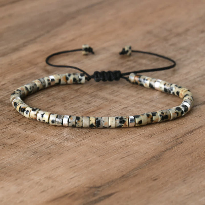Braided Bracelet with 2.4 mm Natural Stone Rollers - Seraphina-Dalmatian jasper-The Livary