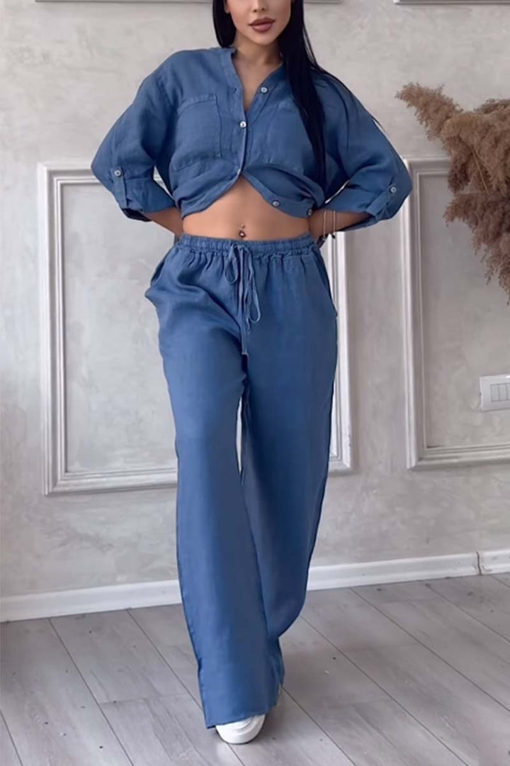 Trendy women's linen two-piece set with blouse & wide trousers – Lina-Blue-S-The Livary