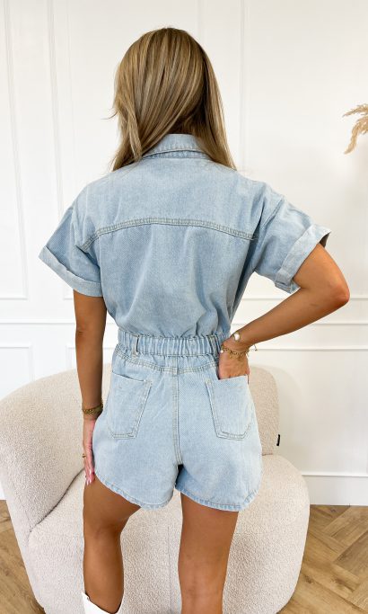 Trendy short-sleeved denim jumpsuit with shirt design – Mila-Green-XS-The Livary