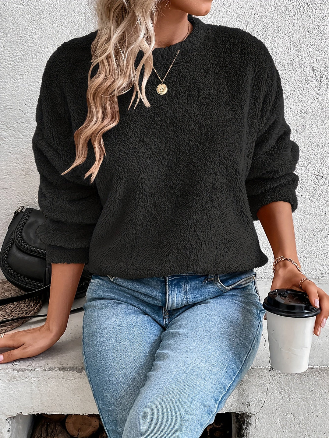 Comfortable Teddy Pullover Sweatshirt - Livia-Black-S-The Livary