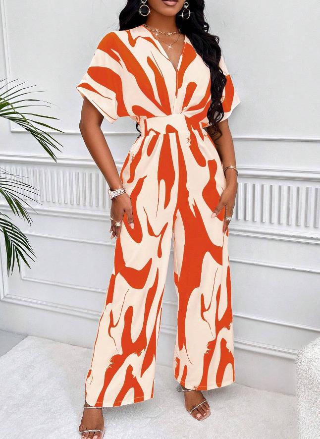 Summery print jumpsuit with V-neck – Noemi-White Orange-S-The Livary