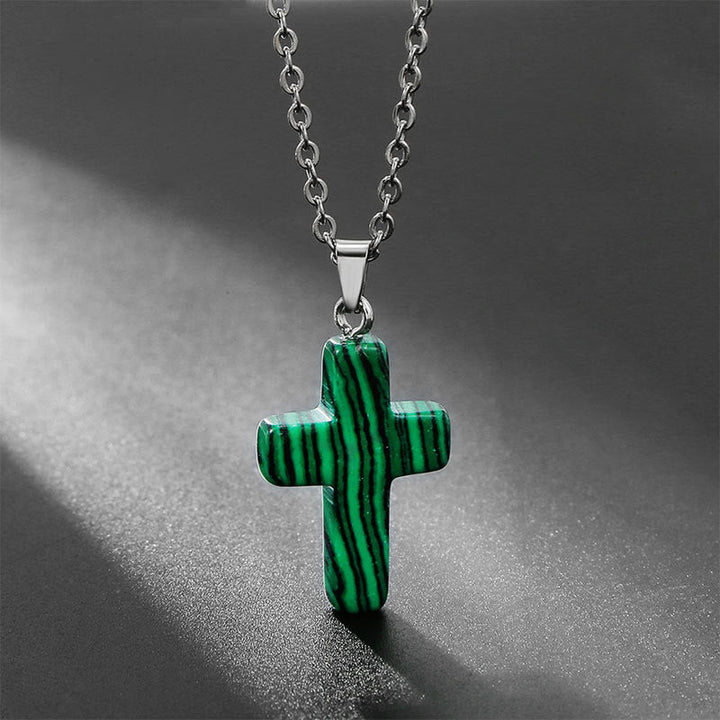 Necklace with Cross of Natural Gemstones - Seraphina-Malachite-The Livary