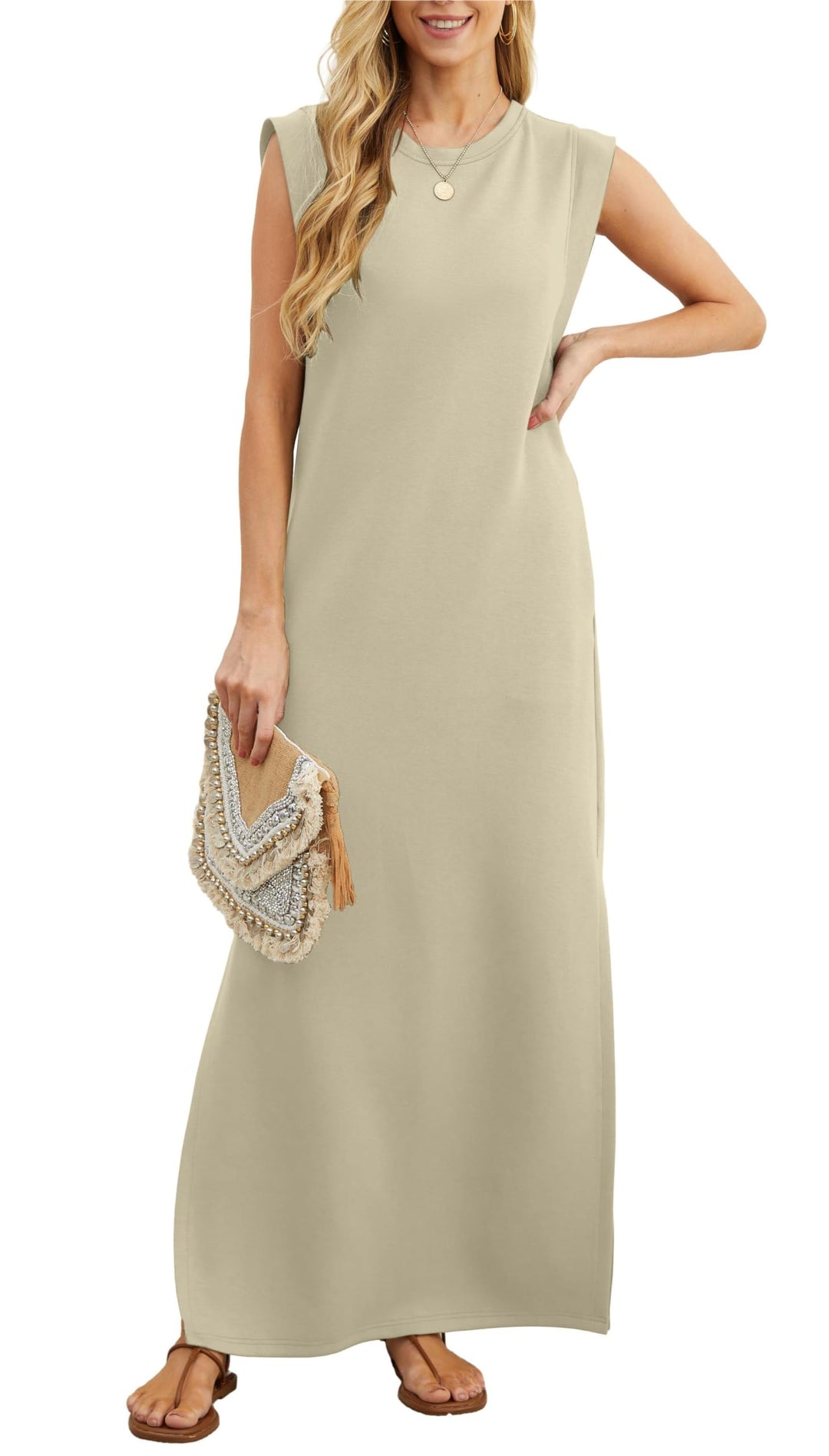 Airy maxi dress with pockets for women – Romy-Khaki-S-The Livary