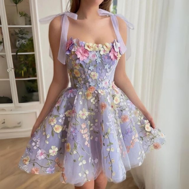 Tulle Cocktail Dress with Floral Appliqués - Rosalie-Purple-XS-The Livary