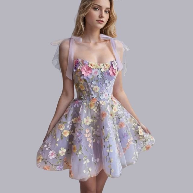 Tulle Cocktail Dress with Floral Appliqués - Rosalie-Purple-XS-The Livary
