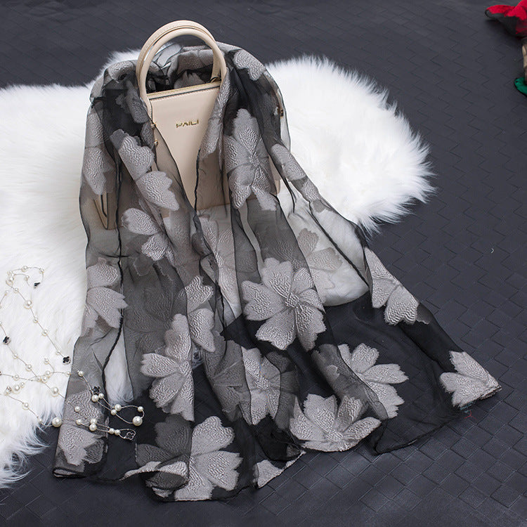 Trendy women's silk scarf with floral pattern and cut-out design – Fiora (1+1 FREE)-Grey-The Livary