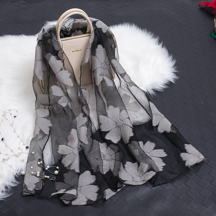 Trendy women's silk scarf with floral pattern and cut-out design – Fiora (1+1 FREE)-Grey-The Livary