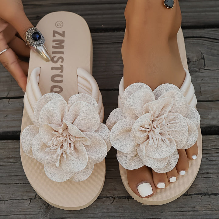 Stylish women's slippers with floral detail for summer - FlowerStep-Beige-3-The Livary