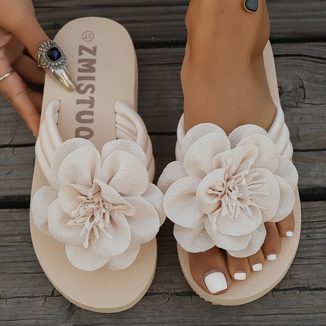 Stylish women's slippers with floral detail for summer - FlowerStep-Beige-3-The Livary