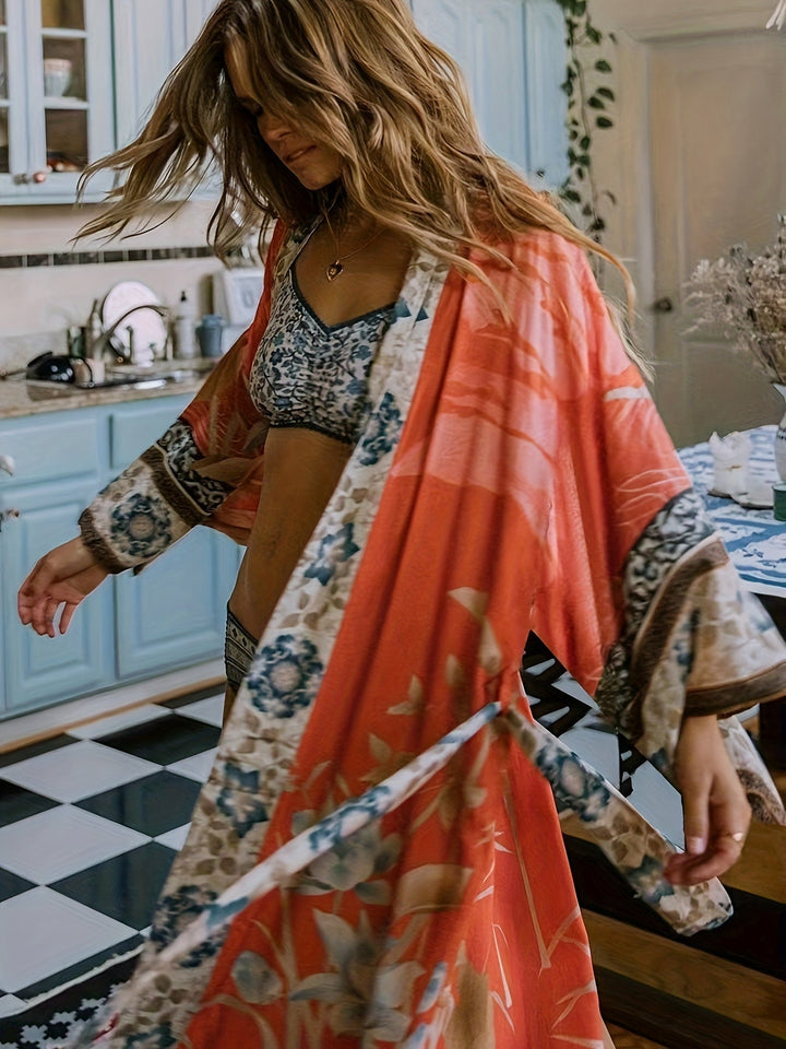 Red Floral Print Kimono - Isabella-Red Orange-One Size-The Livary