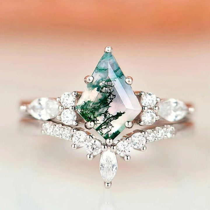 Stylish 2-piece Moss Agate Ring Set - Serenia-Rose gold-1.93 inches-The Livary
