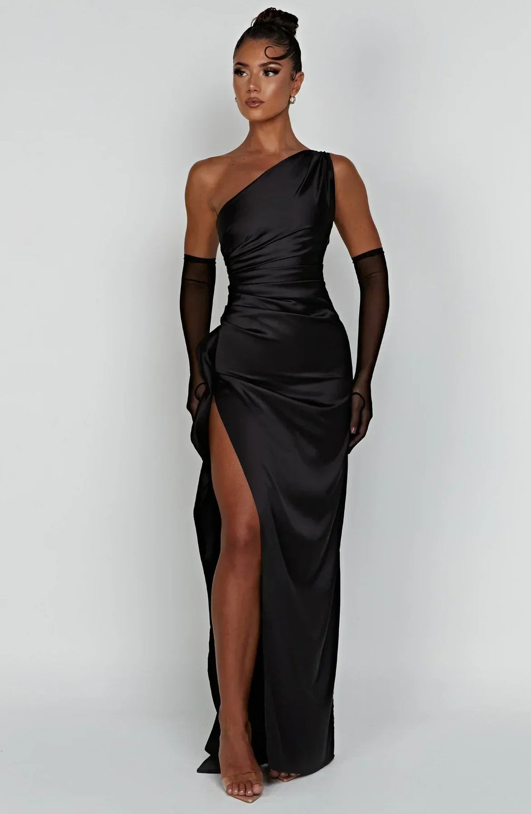 Satin Split Dress with One Shoulder - Vivienne-Red-XS-The Livary