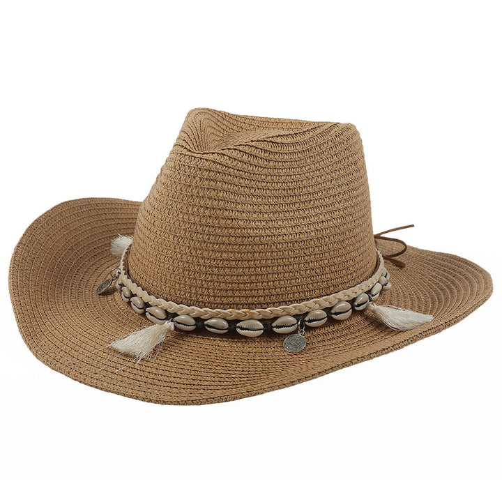 Light summer hat with shells and tassels - Jasmine-Khaki-The Livary