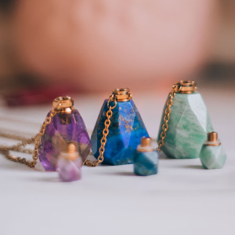 Crystal Perfume Bottle Necklace - Iris-Rose quartz-The Livary