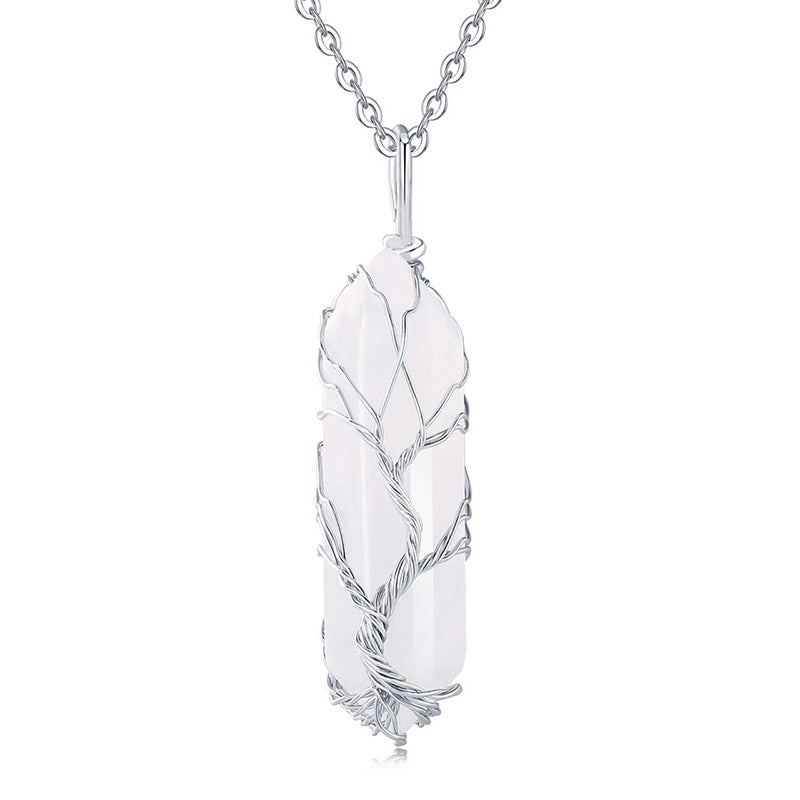 Stylish Crystal with Tree of Life Gemstone Necklace - Elara-Clear Crystal-The Livary