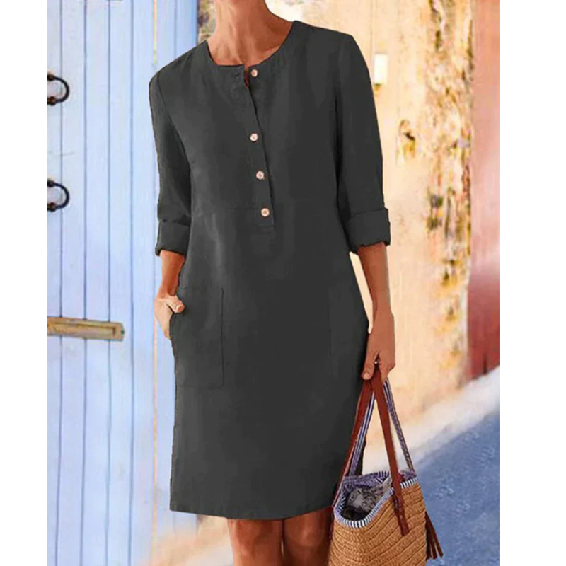 Stylish women's casual dress with pockets & round neckline – Niva-Black-M-The Livary