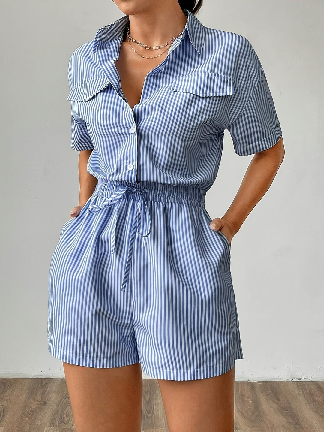 Trendy women's jumpsuit with short sleeves for summer - StripeFresh-S-The Livary