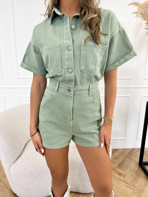 Trendy short-sleeved denim jumpsuit with shirt design – Mila-Green-XS-The Livary