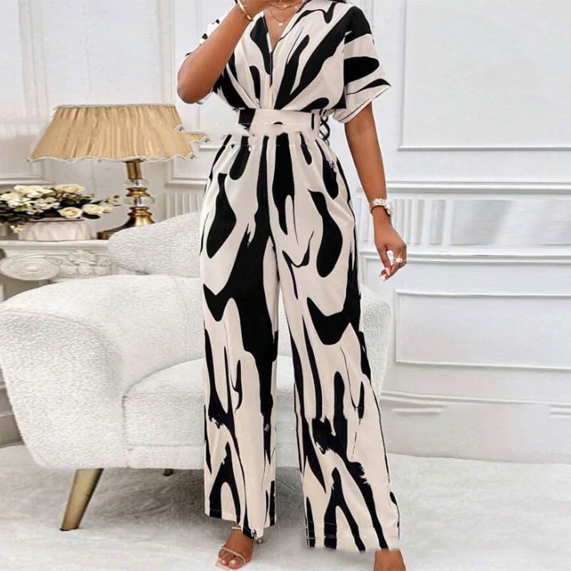 Summery print jumpsuit with V-neck – Noemi-White Black-S-The Livary