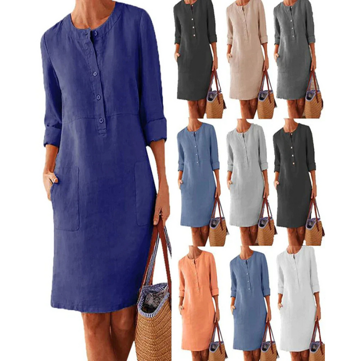 Stylish women's casual dress with pockets & round neckline – Niva-Navy blue-M-The Livary