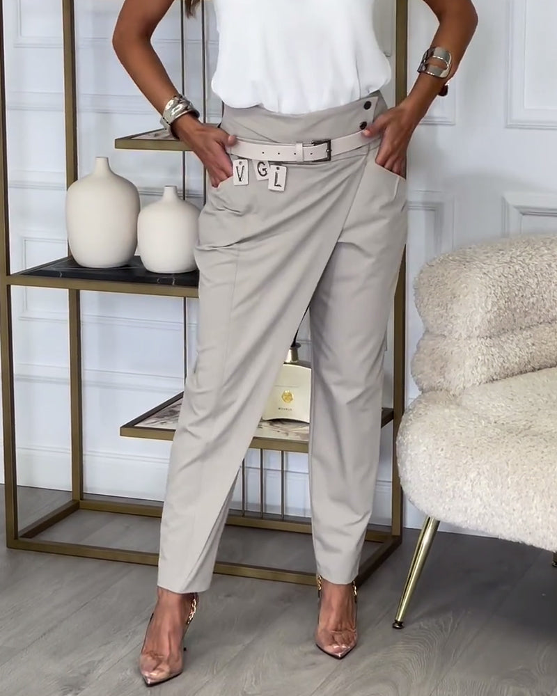 Trendy Ladies Patchwork Trousers with Belt - Liv-Grey-S-The Livary