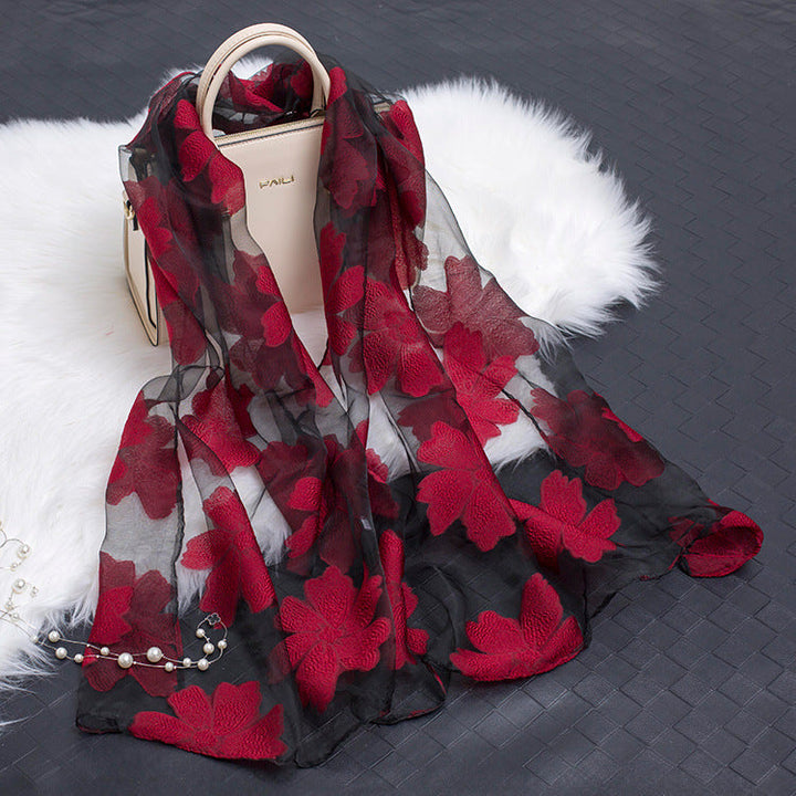 Trendy women's silk scarf with floral pattern and cut-out design – Fiora (1+1 FREE)-Wine red-The Livary