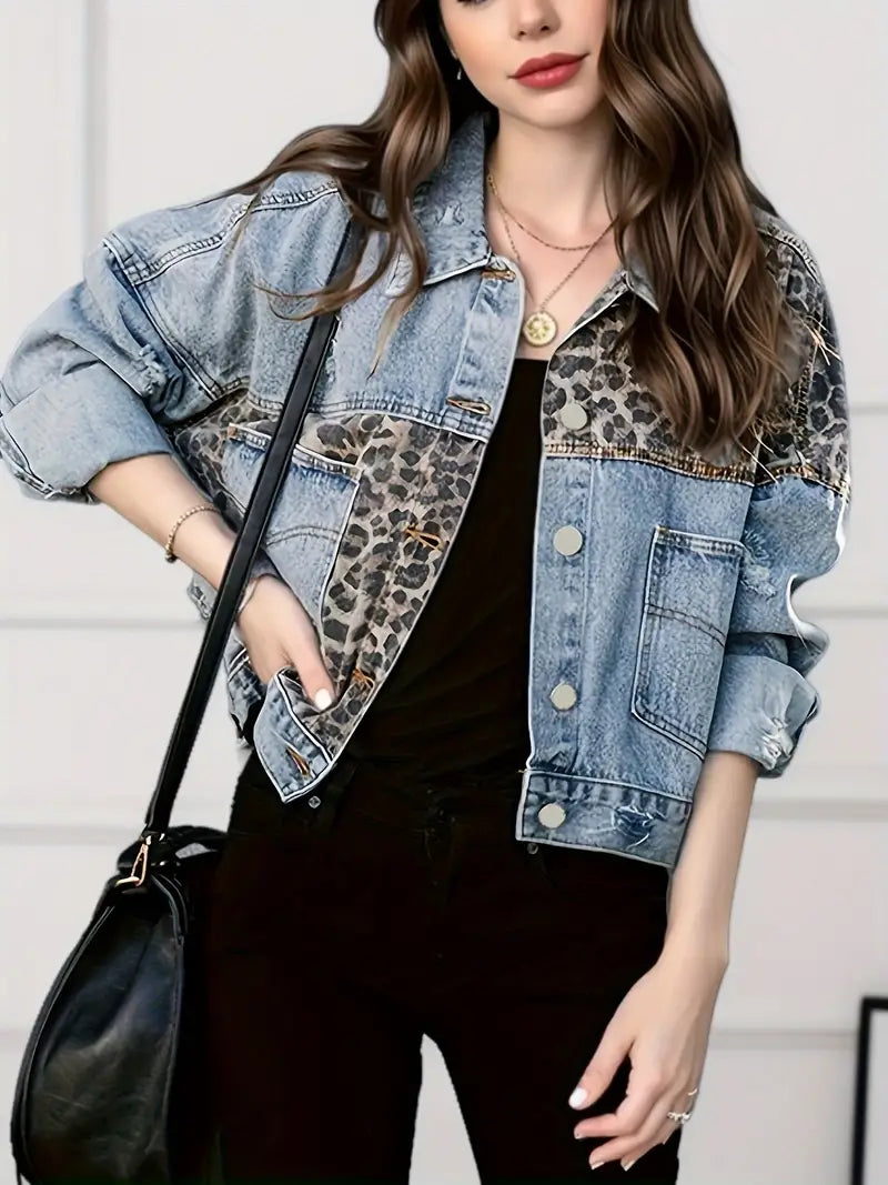 Wildly Chic Leopard Print Denim Jacket - Leona-Medium blue-S-The Livary