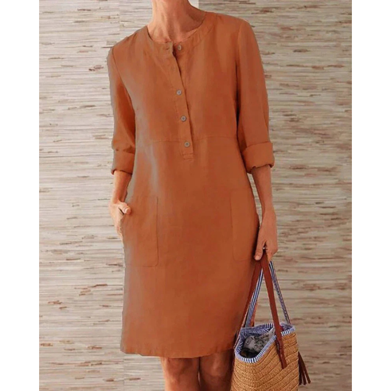 Stylish women's casual dress with pockets & round neckline – Niva-Red-M-The Livary
