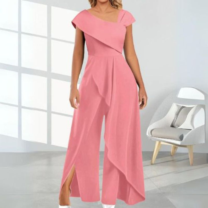 Asymmetrical women's jumpsuit with diagonal collar – Selina-Pink-S-The Livary