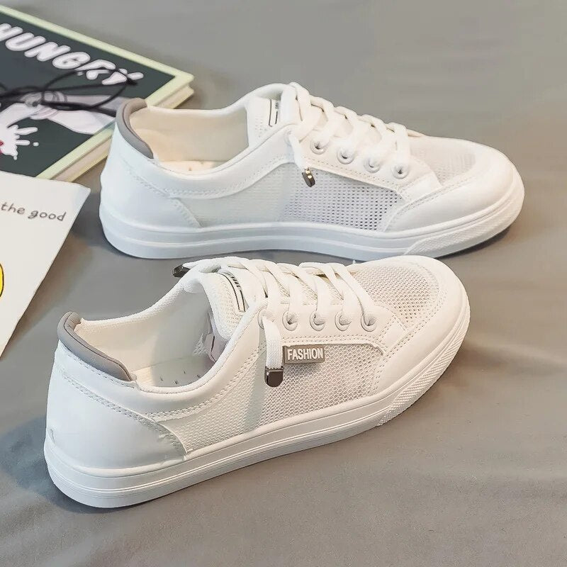 White women's sneakers with mesh upper – Elena-White Grey-3-The Livary