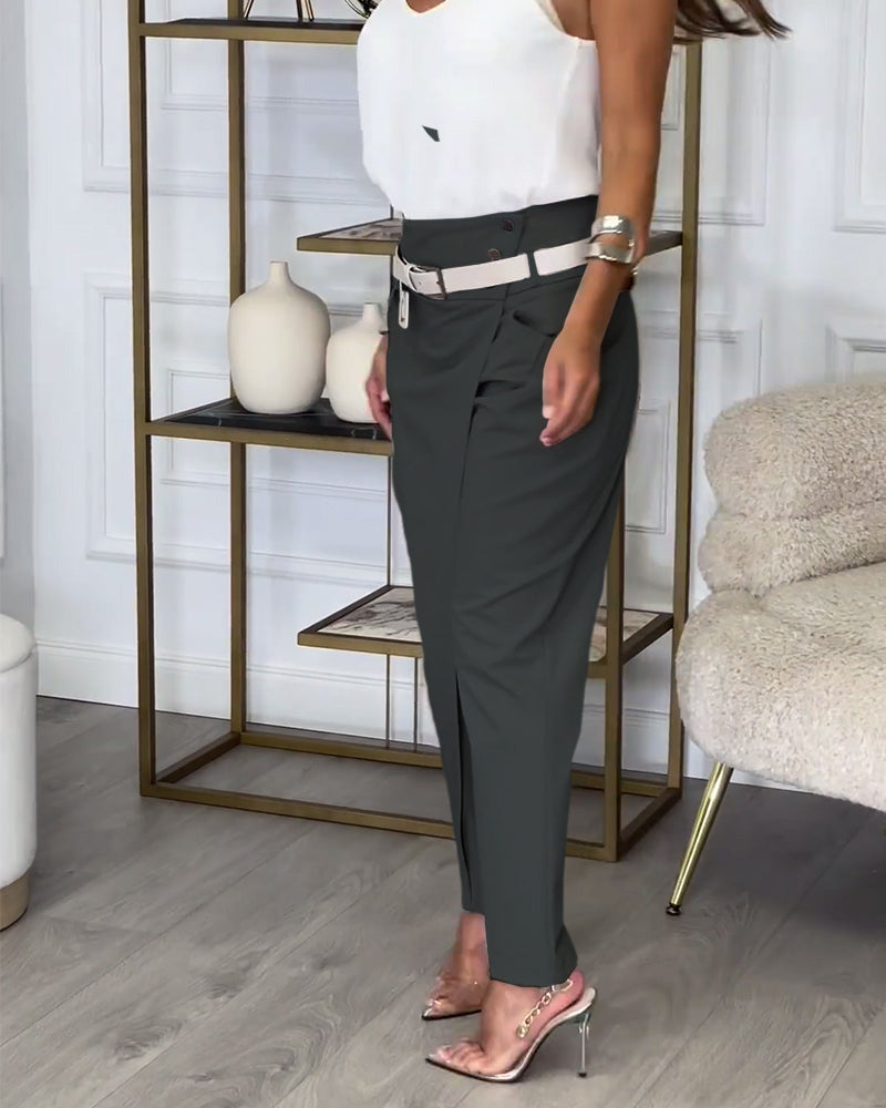 Trendy Ladies Patchwork Trousers with Belt - Liv-Grey-S-The Livary
