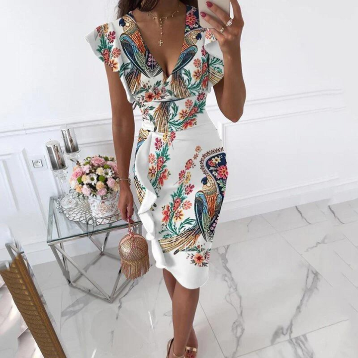 Stylish V-Neck Dress with Pleated Sleeves - Maud-White blue-S-The Livary