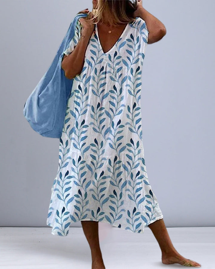 Trendy midi dress with leaf pattern and V-neck – Nea-S-The Livary