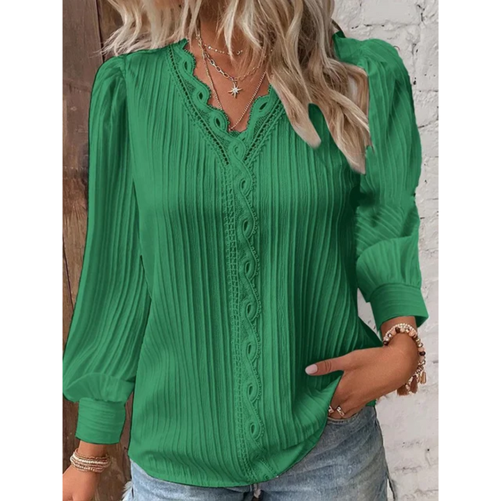 Stylish ladies' blouse with a V-neck & long sleeves – Alvara-Green-S-The Livary
