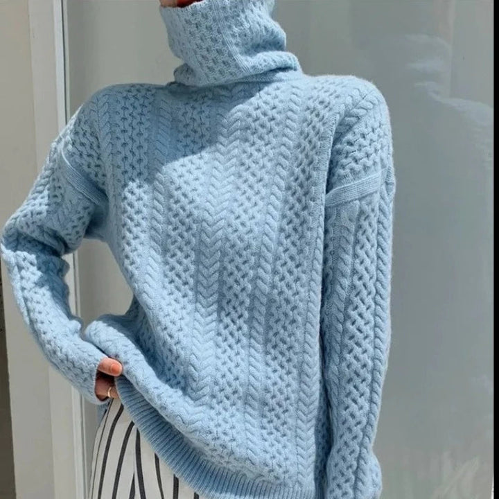 Luxury Cashmere Turtleneck with Checkered Pattern - Celeste-Blue-XS-The Livary