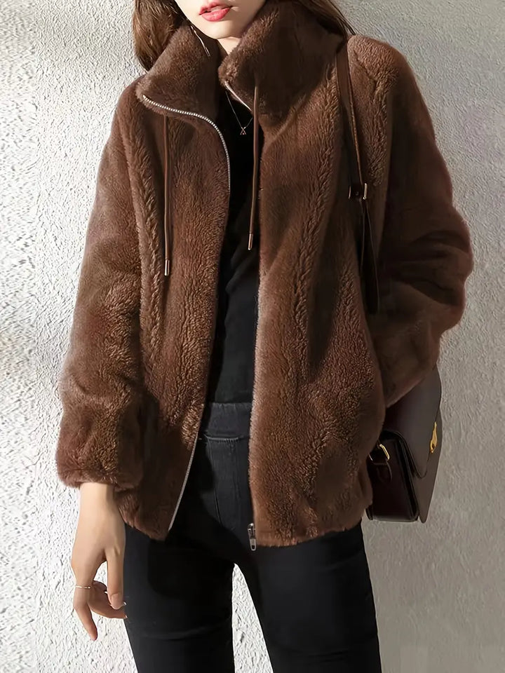 Hooded Teddy Jacket with Drawstring and Zip - Isla-Dark brown-S-The Livary