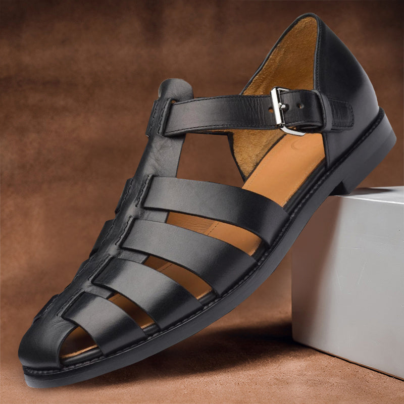 Comfortable men's leather sandals with non-slip sole – 50% off – Milan-Black-5-The Livary