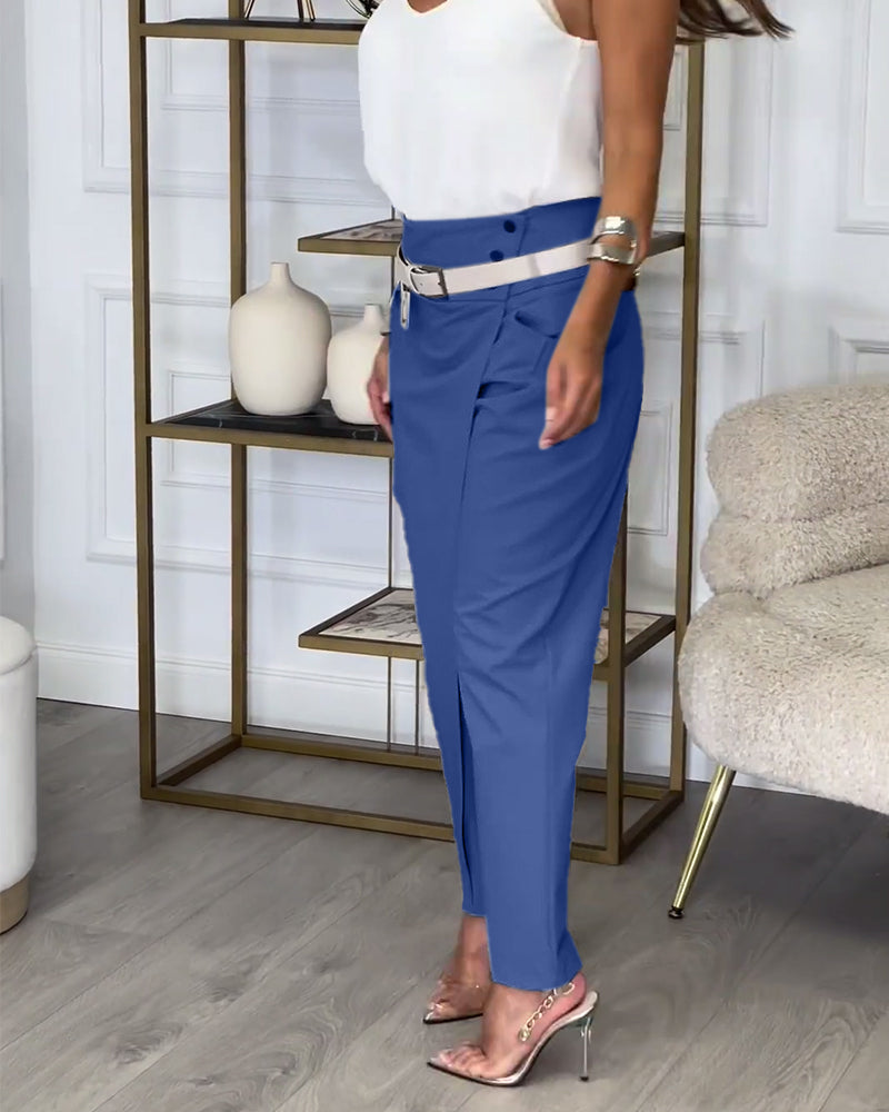 Trendy Ladies Patchwork Trousers with Belt - Liv-Grey-S-The Livary
