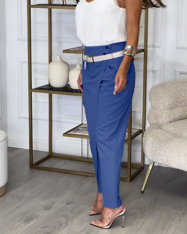 Trendy Ladies Patchwork Trousers with Belt - Liv-Grey-S-The Livary