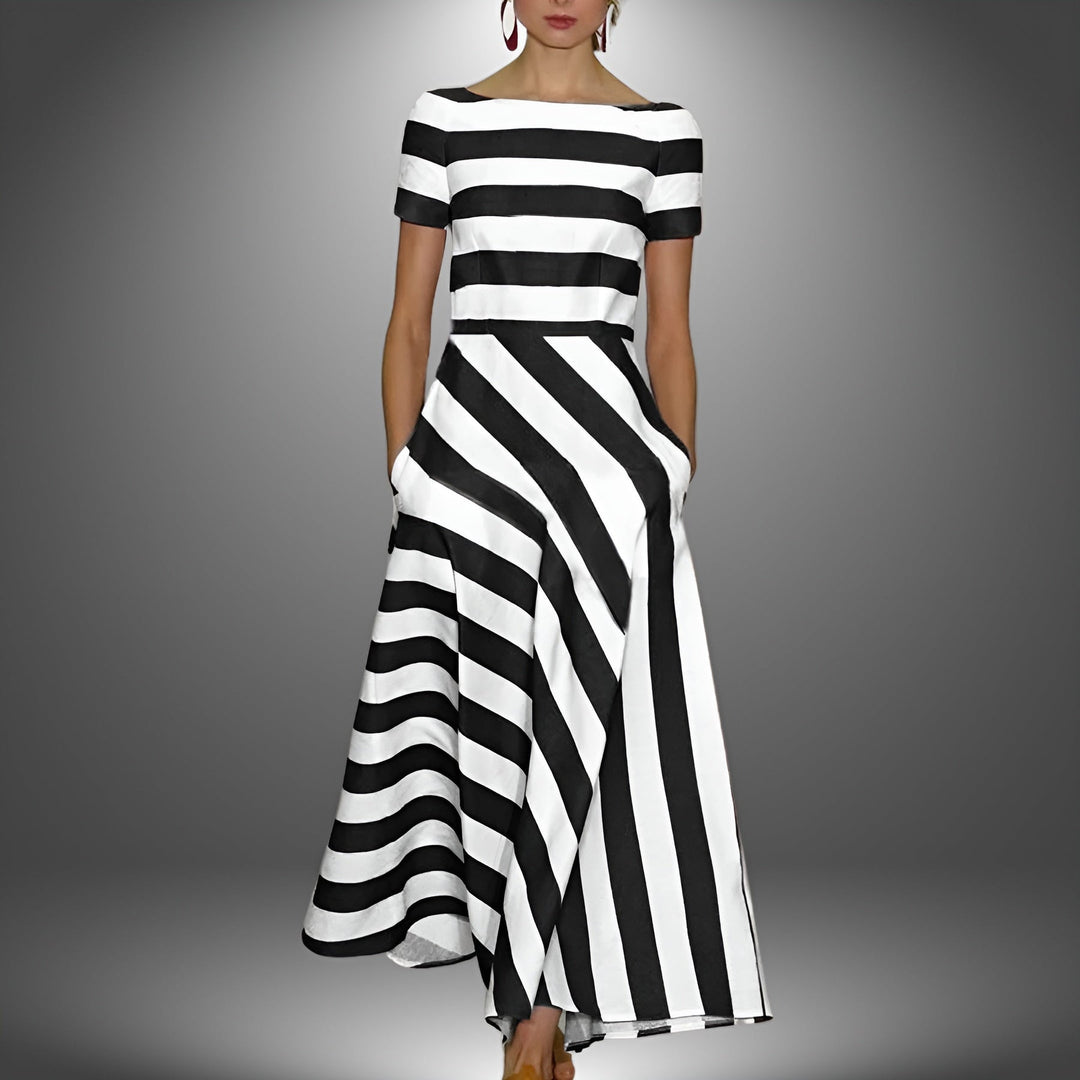 Striped & Stylish Maxi Dress with Short Sleeves – Noemi-Black-S-The Livary