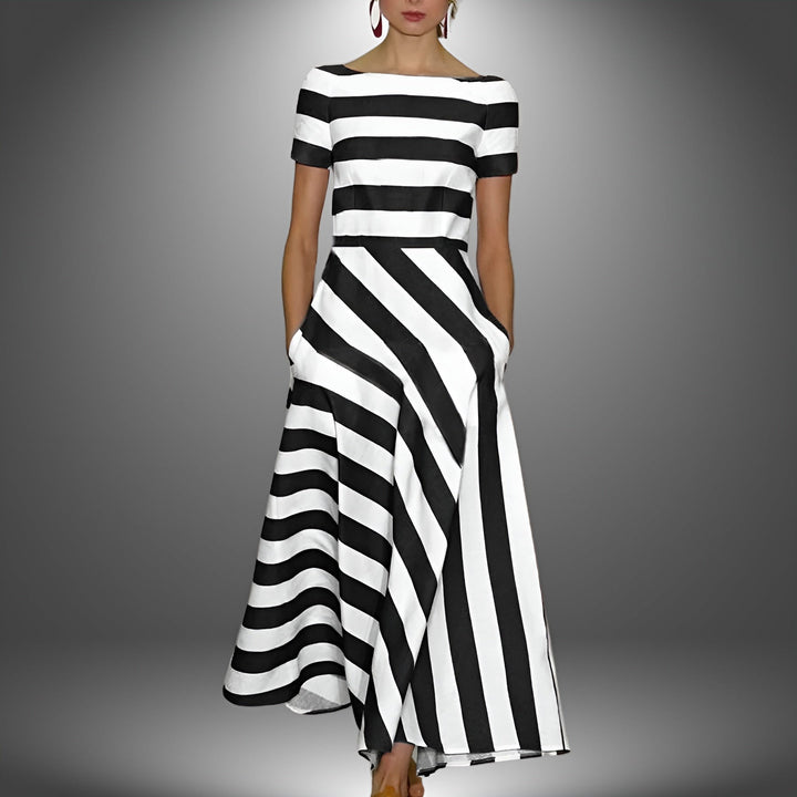 Striped & Stylish Maxi Dress with Short Sleeves – Noemi-Black-S-The Livary