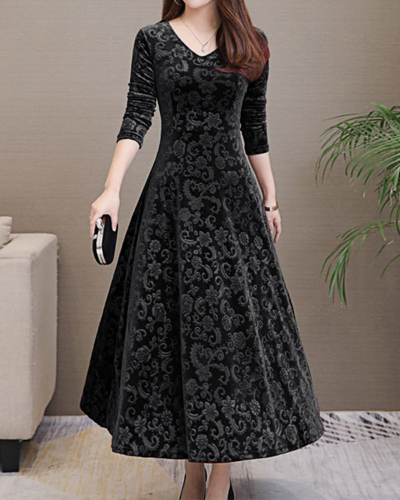 Velvet Midi Dress with Long Sleeves - Selina-Black-M-The Livary