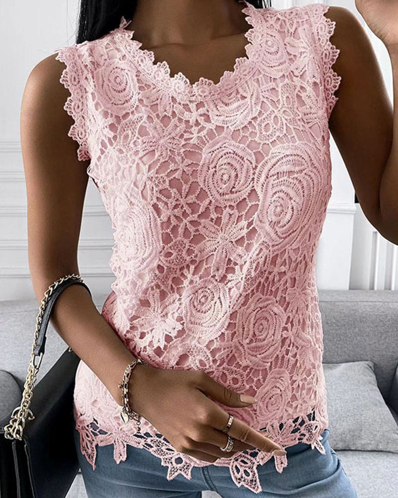 Blouse with Lace Detail in Effenge Colour Style - Elara-Pink-S-The Livary