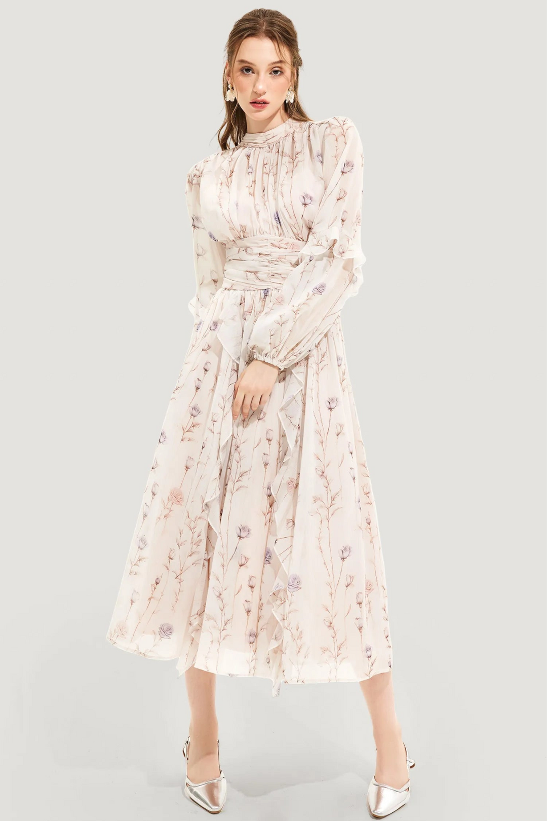 Summer dress with floral pattern and pleated skirt – Alina-Beige-S-The Livary