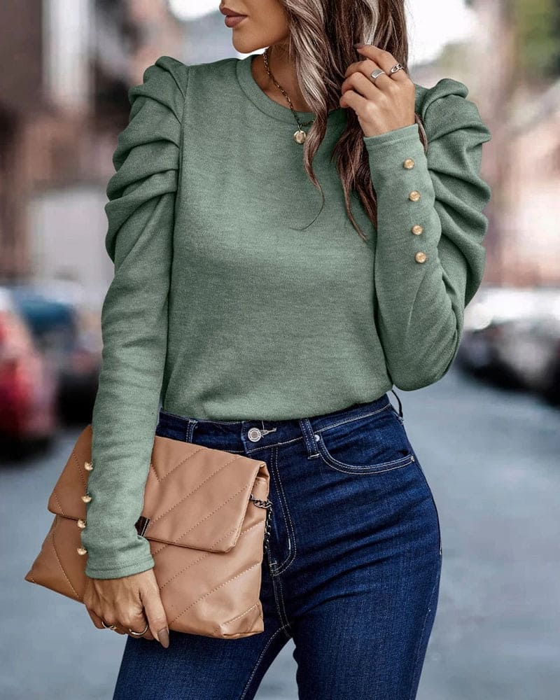 Blouse with Long Puff Sleeves and Round Neck - Eva-Orange-S-The Livary
