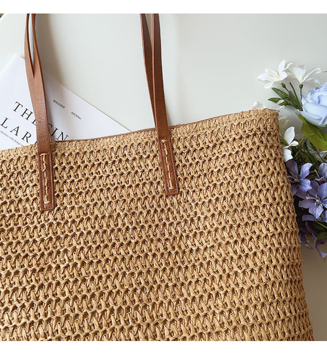 Rattan Woven Bag with Leather Straps - SummerBreeze Tote-Brown-The Livary