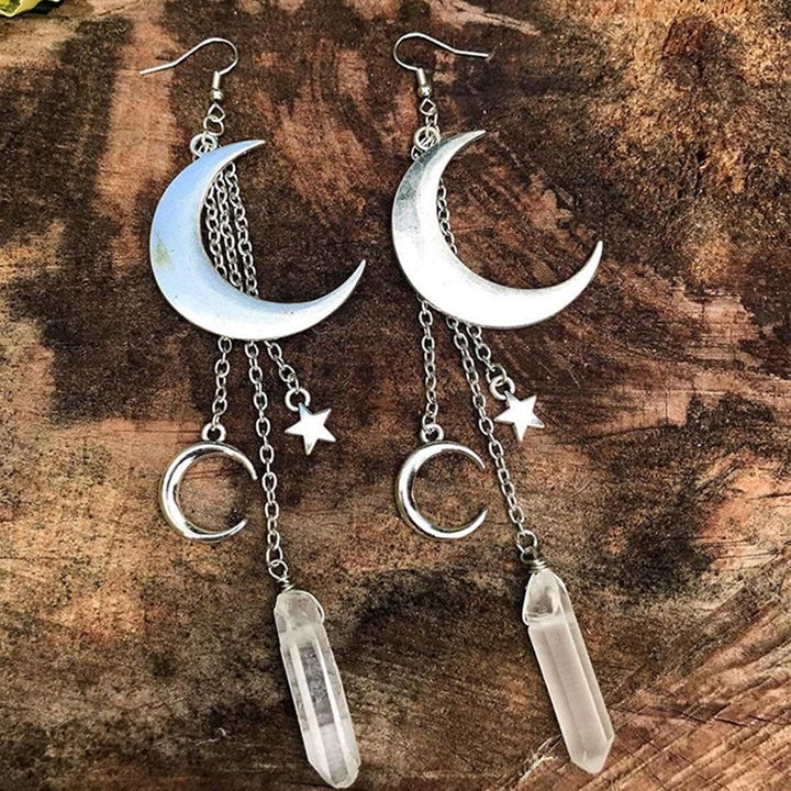 Natural Crystal Moon Stars Earrings - Elara-Clear Quartz and Silver Moon-The Livary