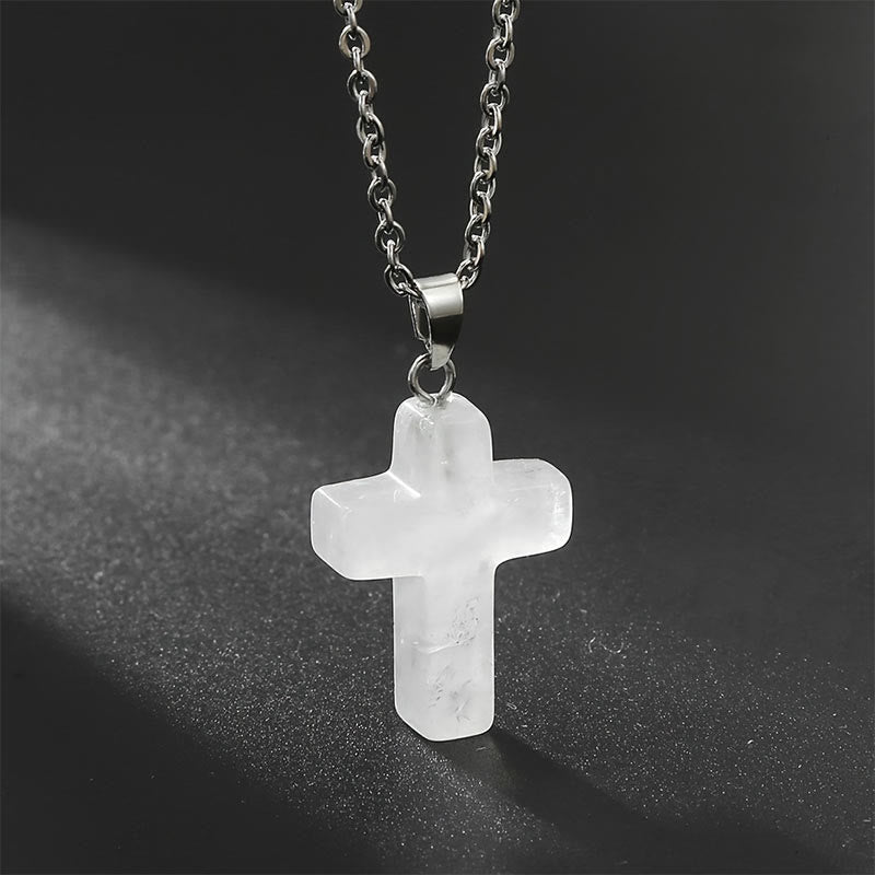 Necklace with Cross of Natural Gemstones - Seraphina-Clear crystal-The Livary